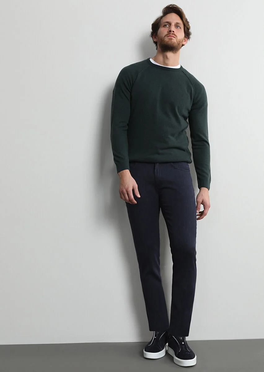 Lacivert Mikro Dokuma Slim Fit Casual Pamuk Karışımlı Pantolon - 1