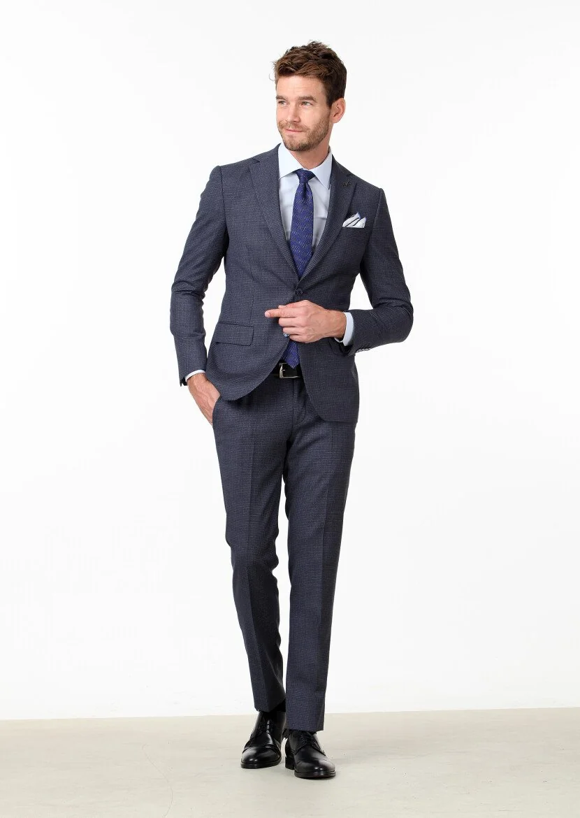 Lacivert Mikro Modern Fit %100 Yün Takım Elbise - 1