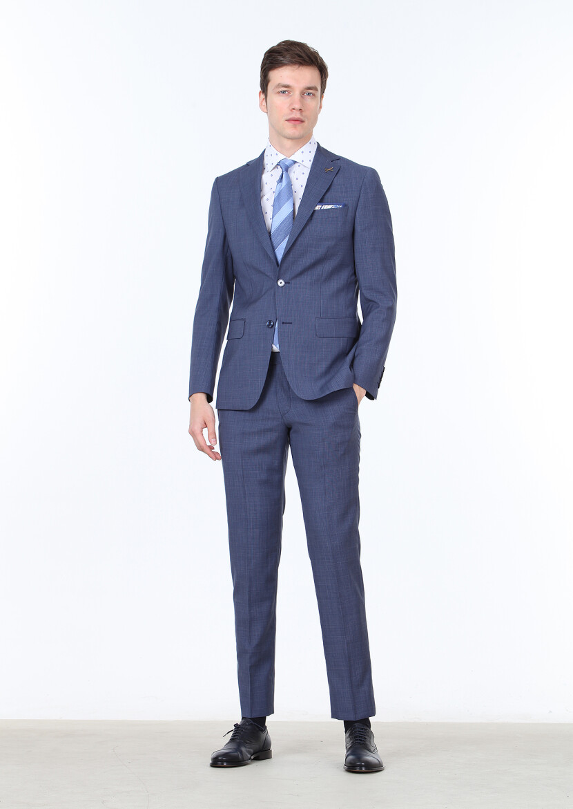 Lacivert Mikro Modern Fit %100 Yün Takım Elbise - 1