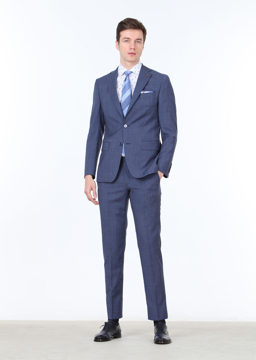 Lacivert Mikro Modern Fit %100 Yün Takım Elbise - 1