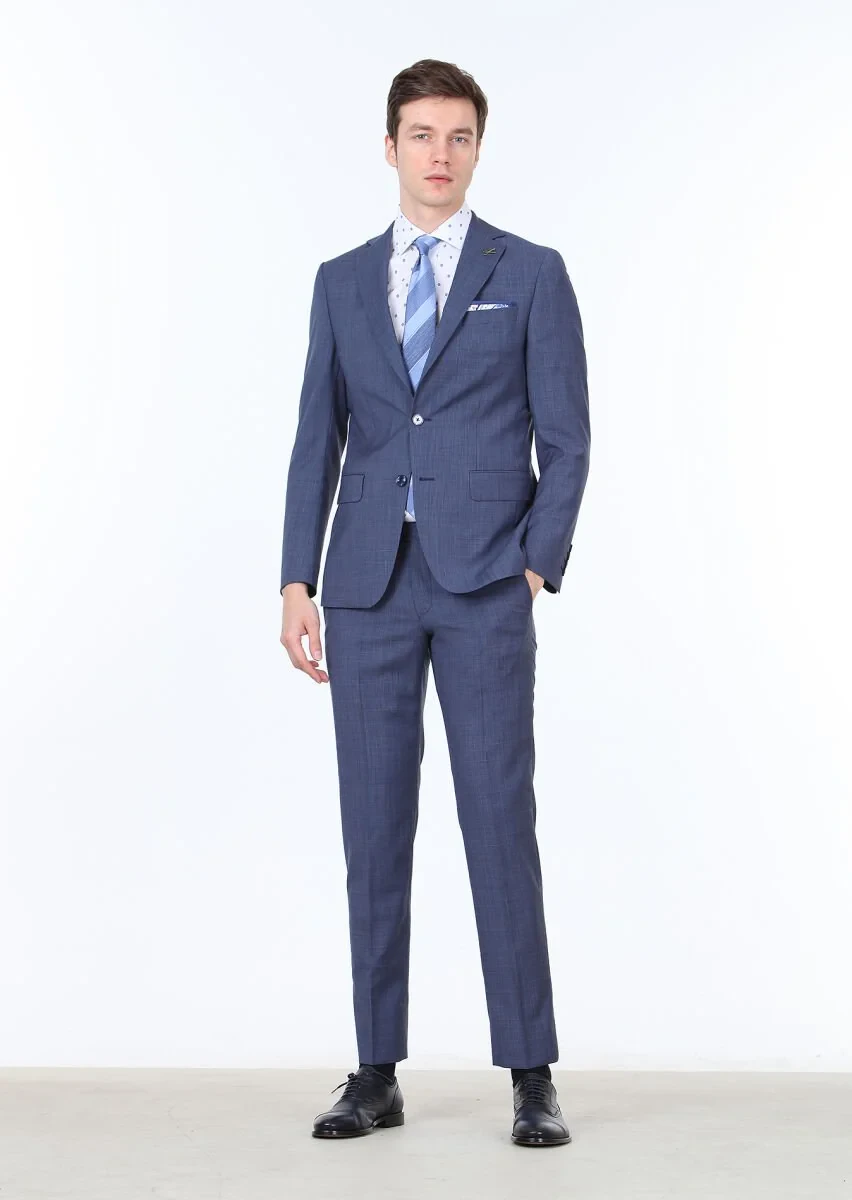Lacivert Mikro Modern Fit %100 Yün Takım Elbise - 1