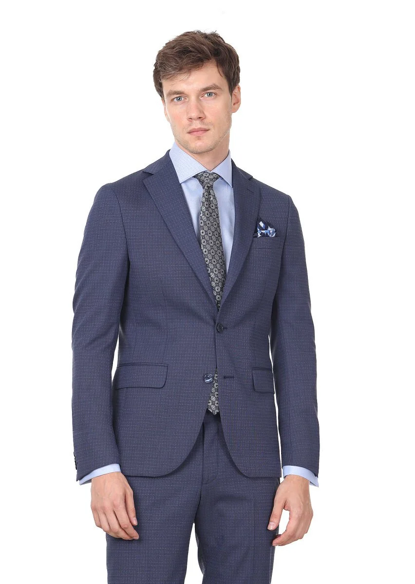 Lacivert Mikro Modern Fit Yün Karışımlı Takım Elbise - 1