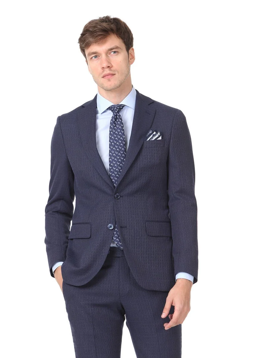 Lacivert Mikro Modern Fit Yün Karışımlı Takım Elbise - 1