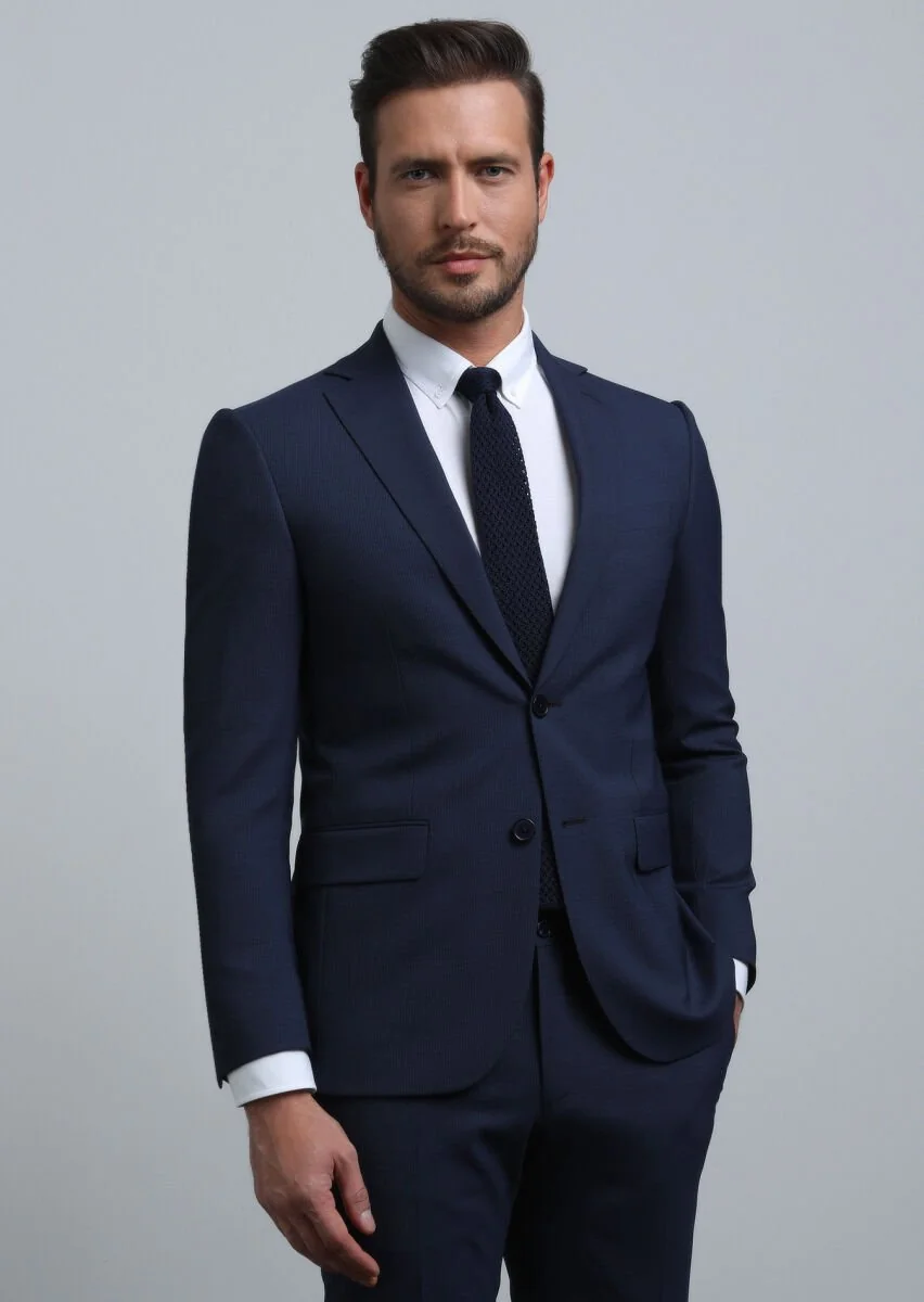 Lacivert Mikro Modern Fit Yün Karışımlı Takım Elbise - 1