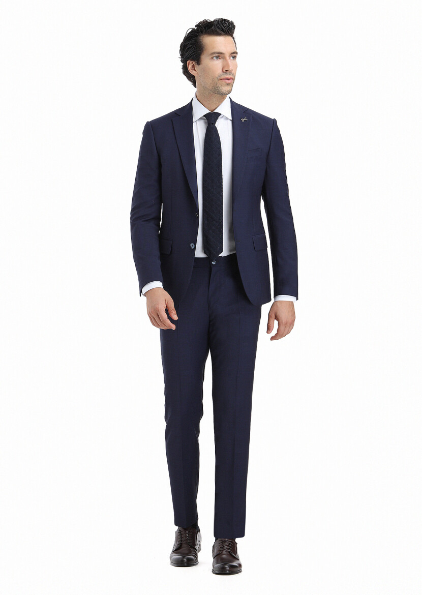 Lacivert Mikro Modern Fit Yün Karışımlı Takım Elbise - 1