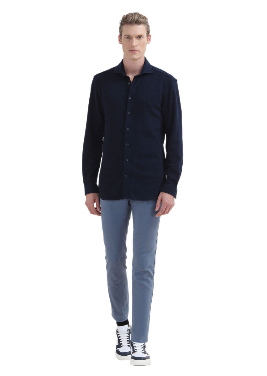 Lacivert Mikro Regular Fit Uzun Casual %100 Pamuk Gömlek - 3
