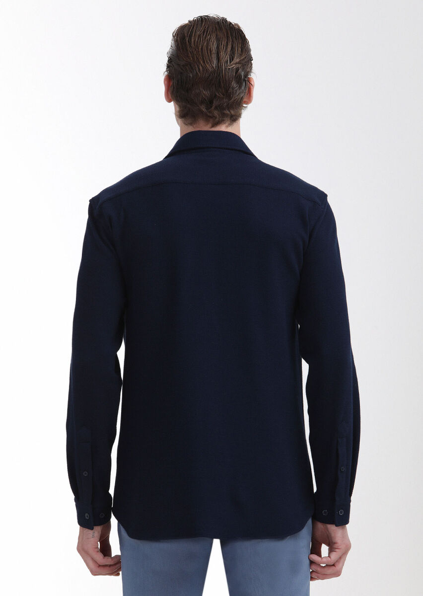 Lacivert Mikro Regular Fit Uzun Casual %100 Pamuk Gömlek - 5