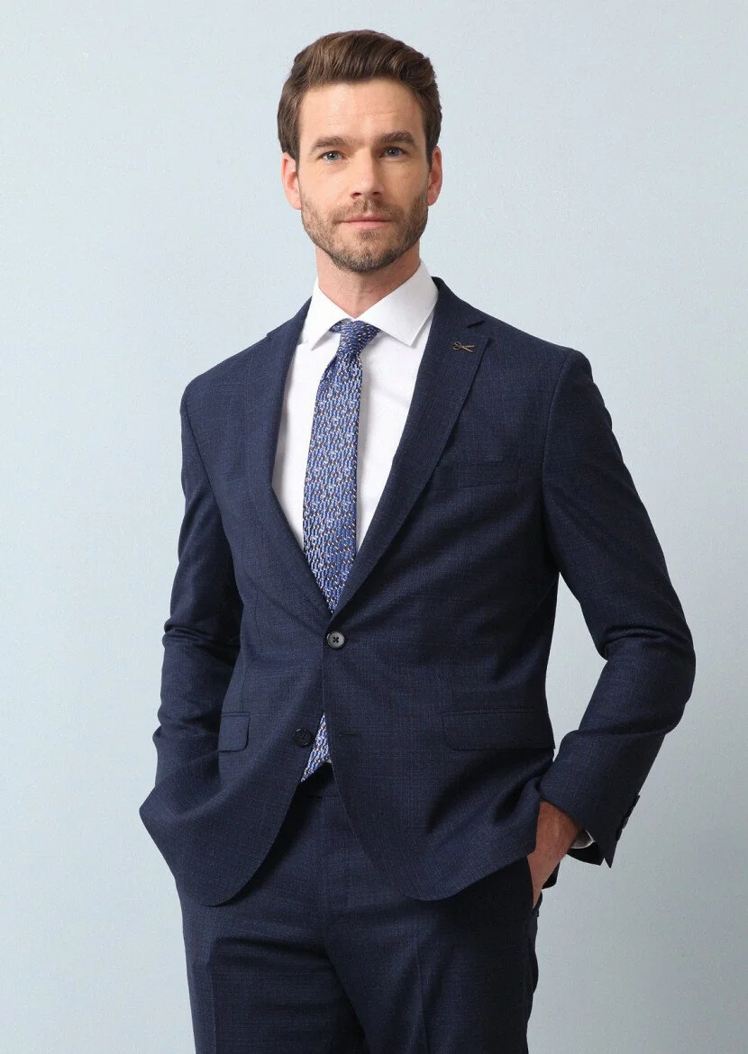 Lacivert Mikro Shirt Shoulder Slim Fit Ekolojik Çevre Dostu %100 Yün Takım Elbise - 4