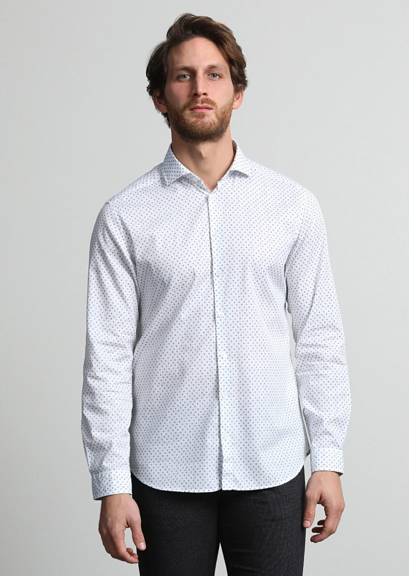Lacivert Mikro Slim Fit Dokuma Casual %100 Pamuk Gömlek - 1