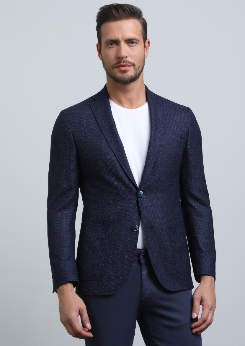 Lacivert Mikro Zeroweight Slim Fit %100 Yün Ceket - 2