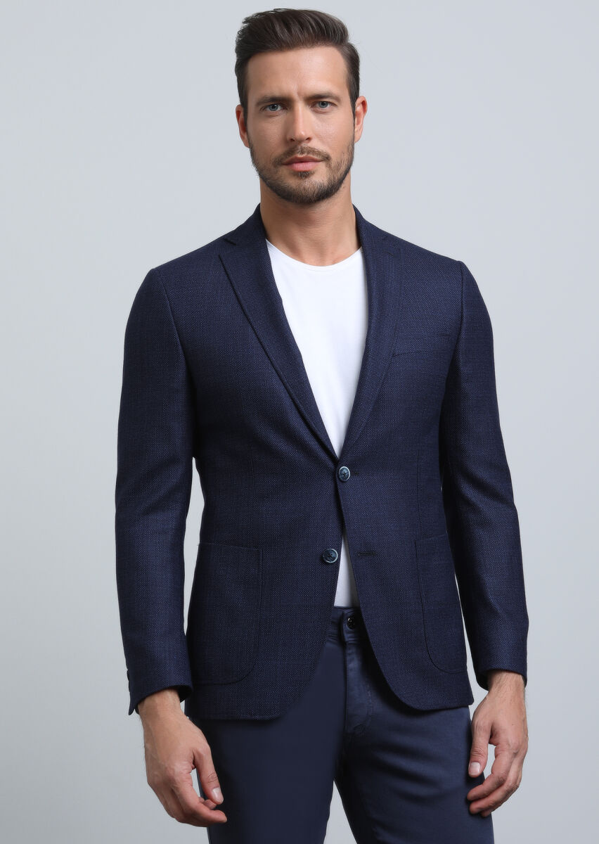 Lacivert Mikro Zeroweight Slim Fit %100 Yün Ceket - 2