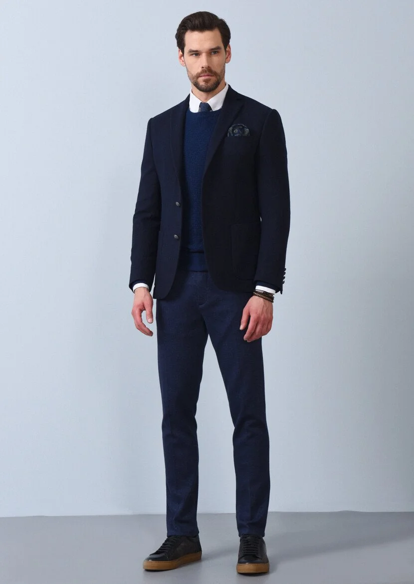 Lacivert Mikro Zeroweight Slim Fit Yün Karışımlı Ceket - 3