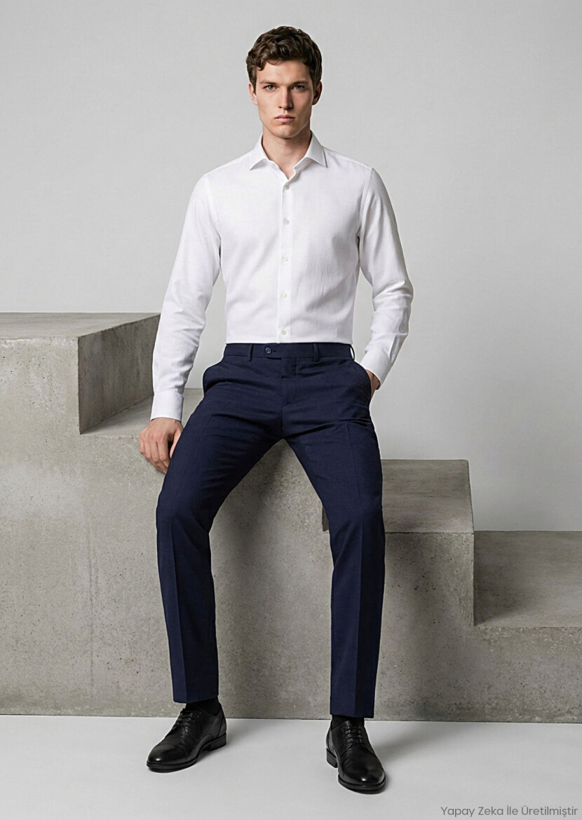 Lacivert Modern Fit Klasik Yün Karışımlı Pantolon - RAMSEY