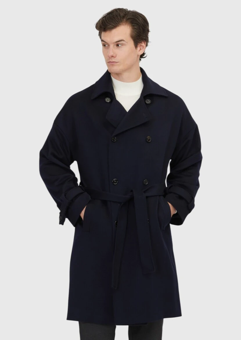 Lacivert Oversize Fit Casual Dokuma Palto - 1