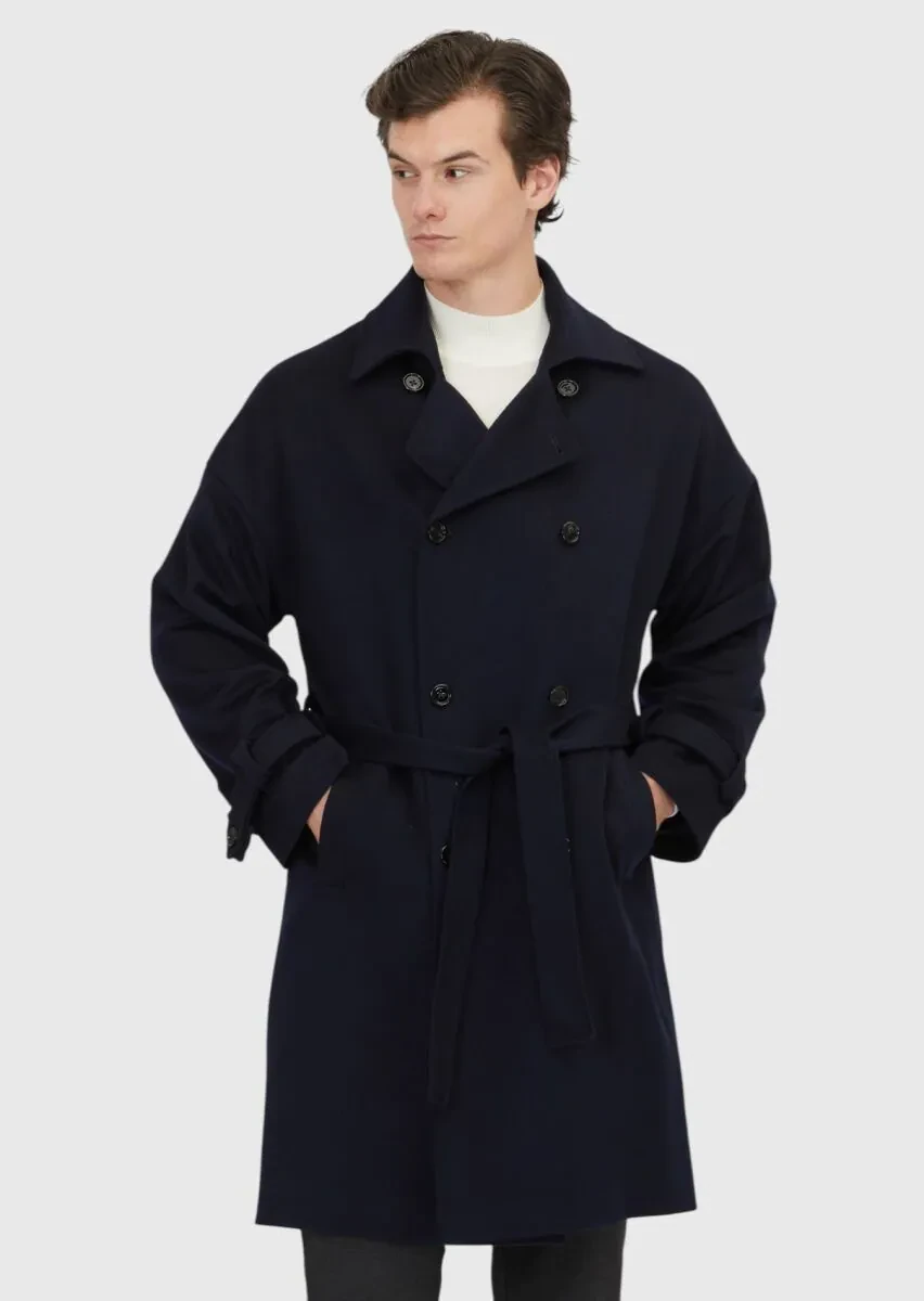 Lacivert Oversize Fit Casual Dokuma Palto - 1