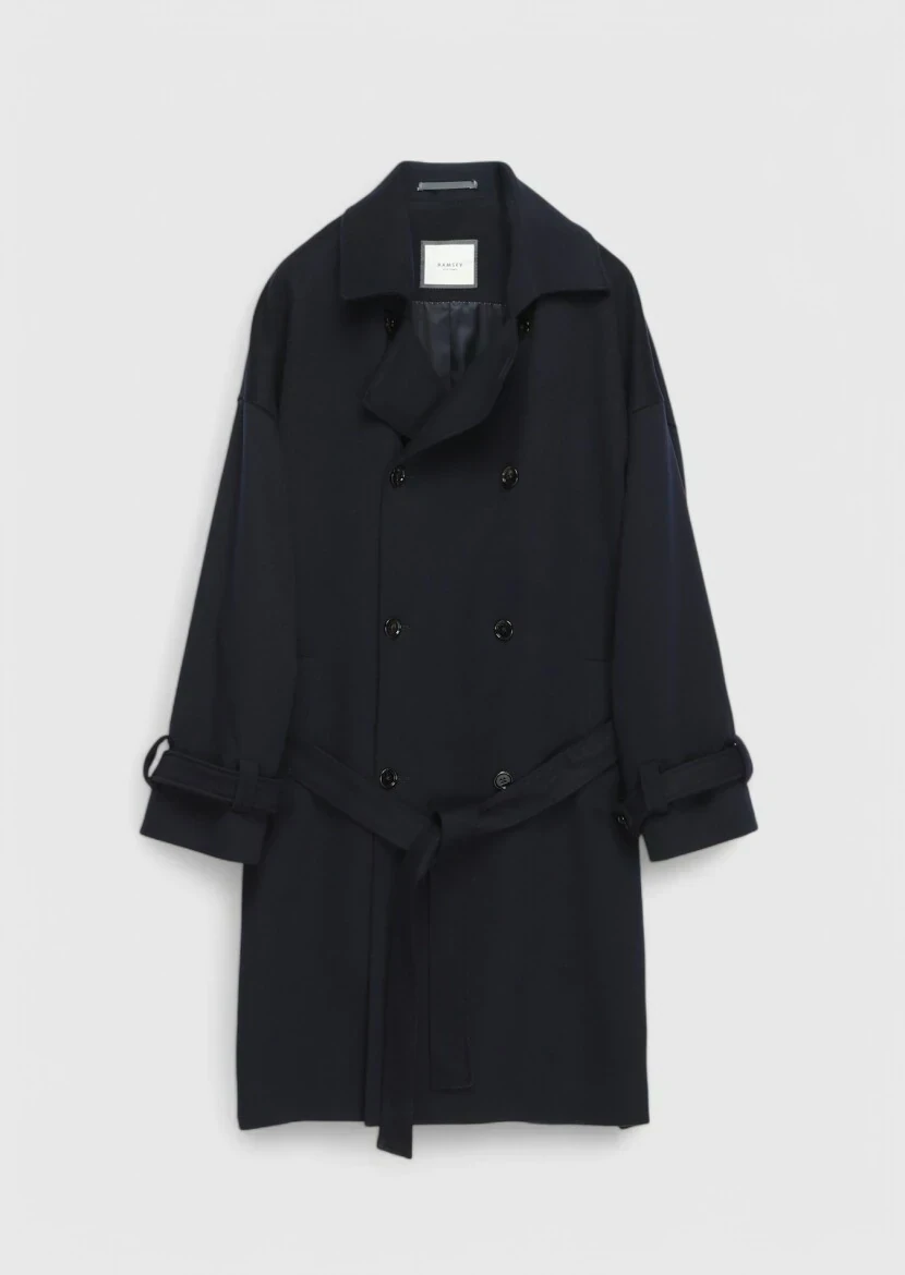 Lacivert Oversize Fit Kruvaze Yaka Casual Dokuma Palto 
