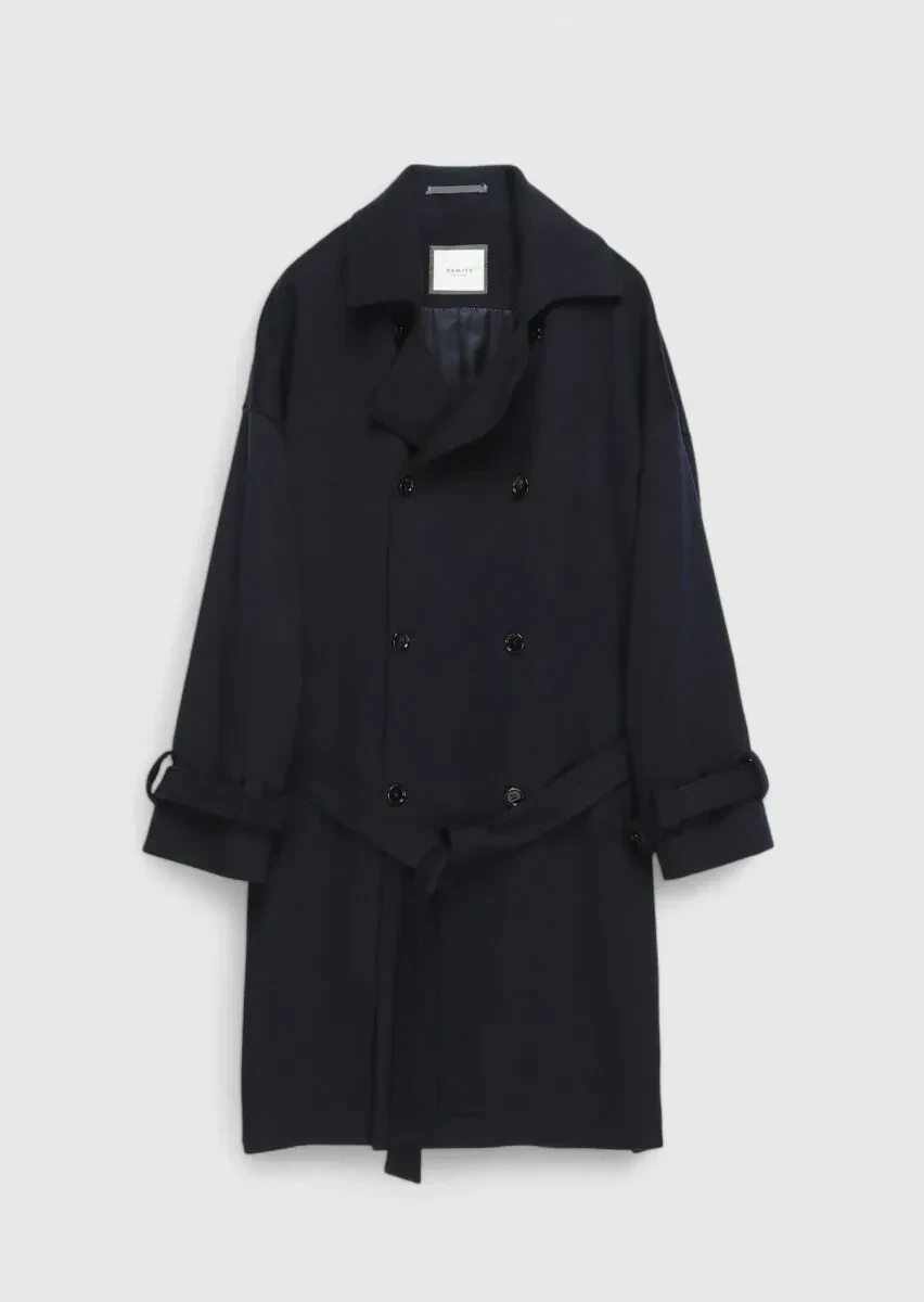 Lacivert Oversize Fit Kruvaze Yaka Casual Dokuma Palto - 1