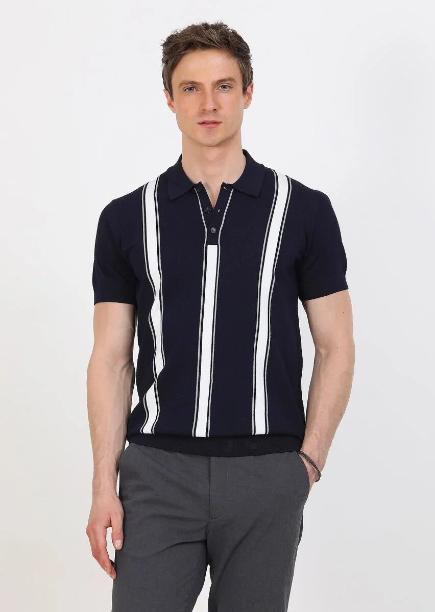 Lacivert Polo Yaka Çizgili Triko - 1