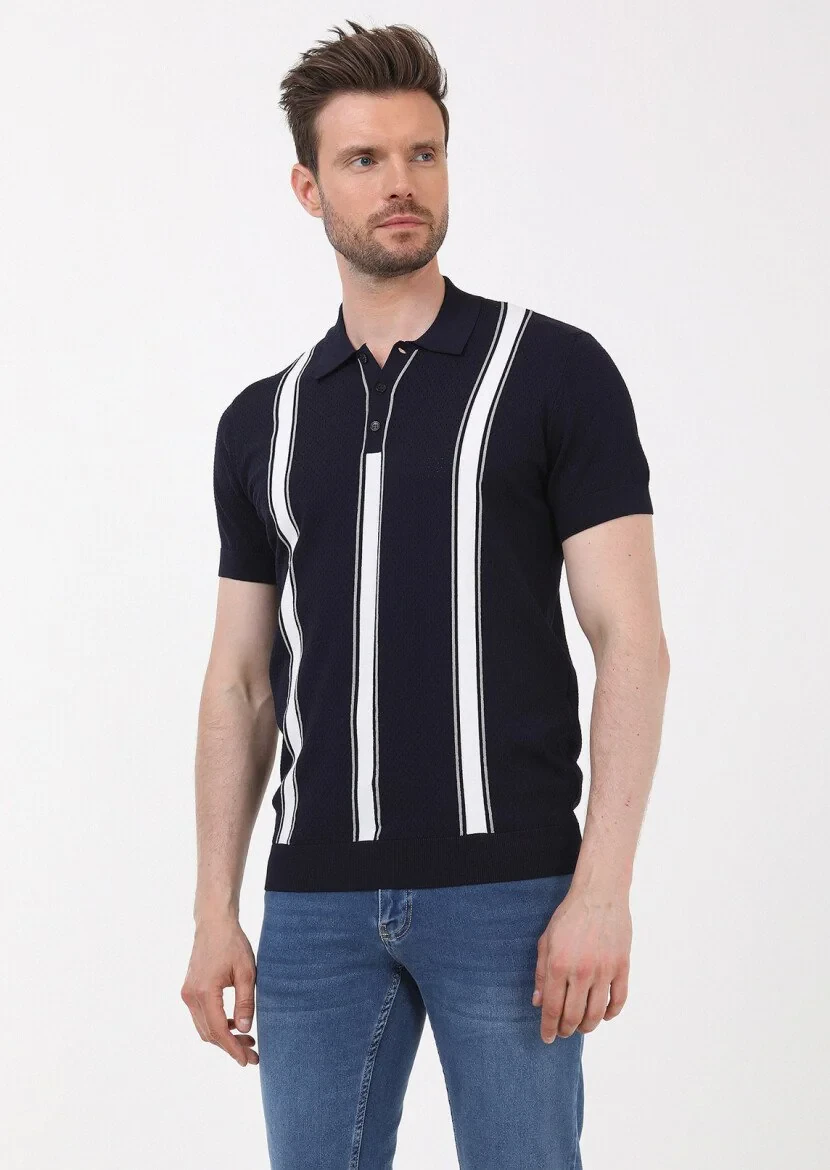 Lacivert Polo Yaka Çizgili Triko - 4