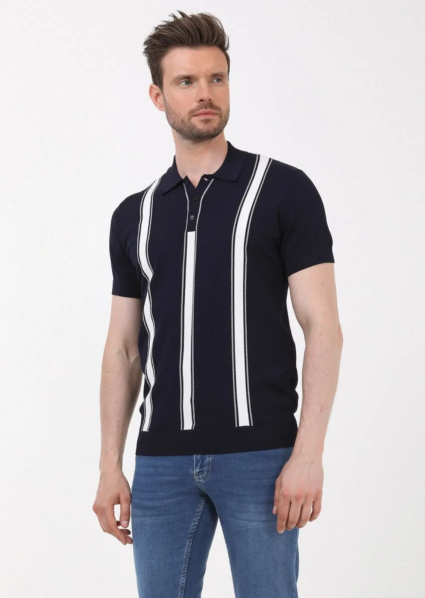 Lacivert Polo Yaka Çizgili Triko - 4