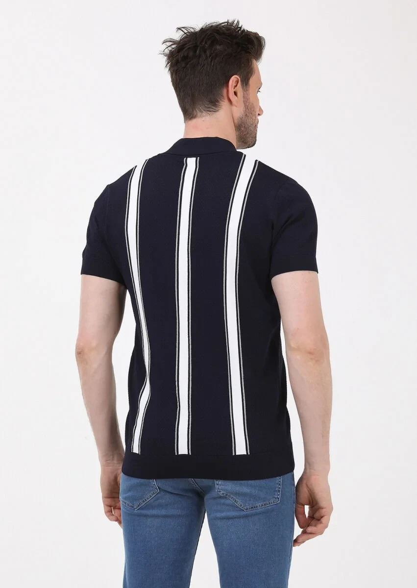Lacivert Polo Yaka Çizgili Triko - 5