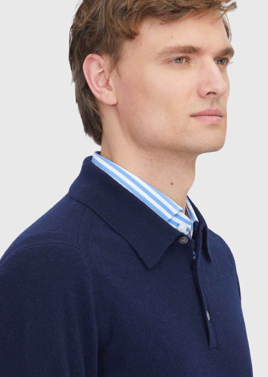 Lacivert Polo Yaka Düz Örgü %100 Kaşmir Triko Kazak - 4