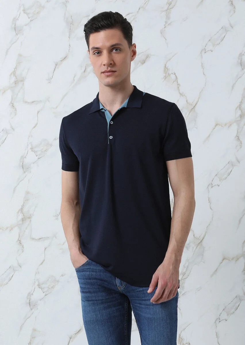 Lacivert Polo Yaka Düz Örgü Triko - 3