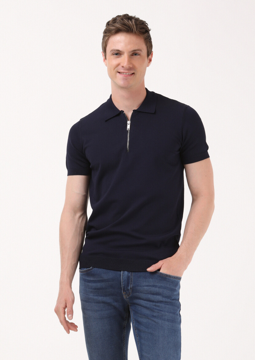 Lacivert Polo Yaka Düz Örgü Triko 