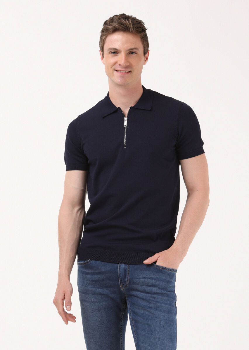 Lacivert Polo Yaka Düz Örgü Triko - 2