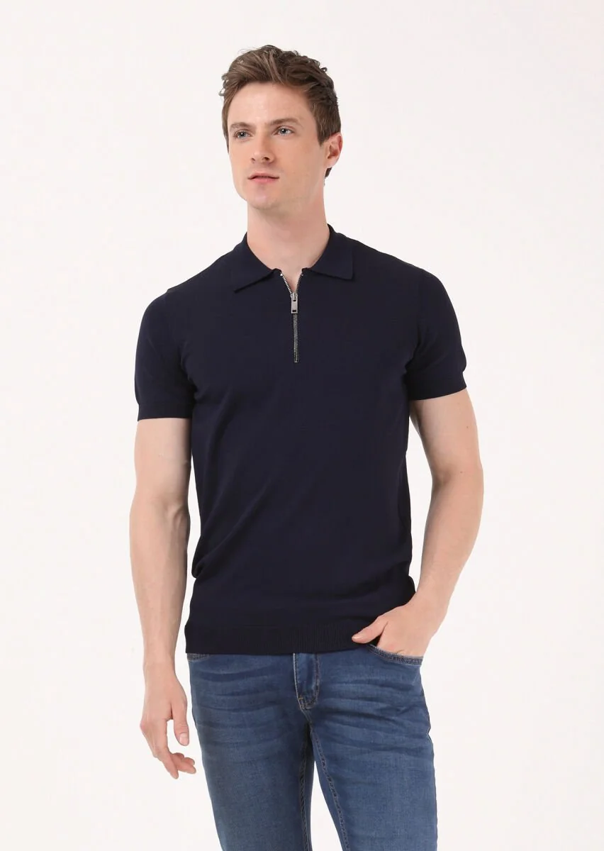 Lacivert Polo Yaka Düz Örgü Triko - 1