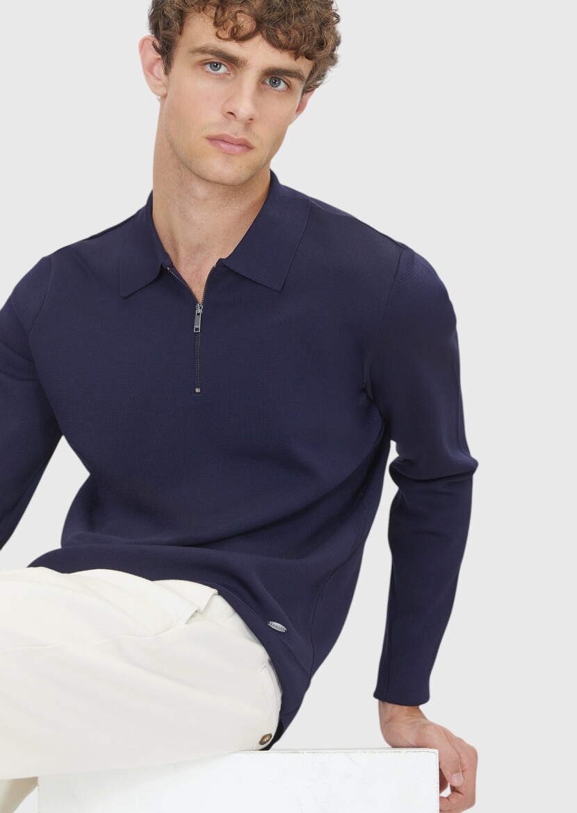 Lacivert Polo Yaka Düz Örgü Triko Kazak - 3