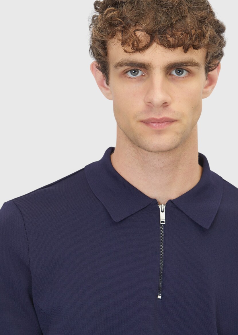Lacivert Polo Yaka Düz Örgü Triko Kazak - 5