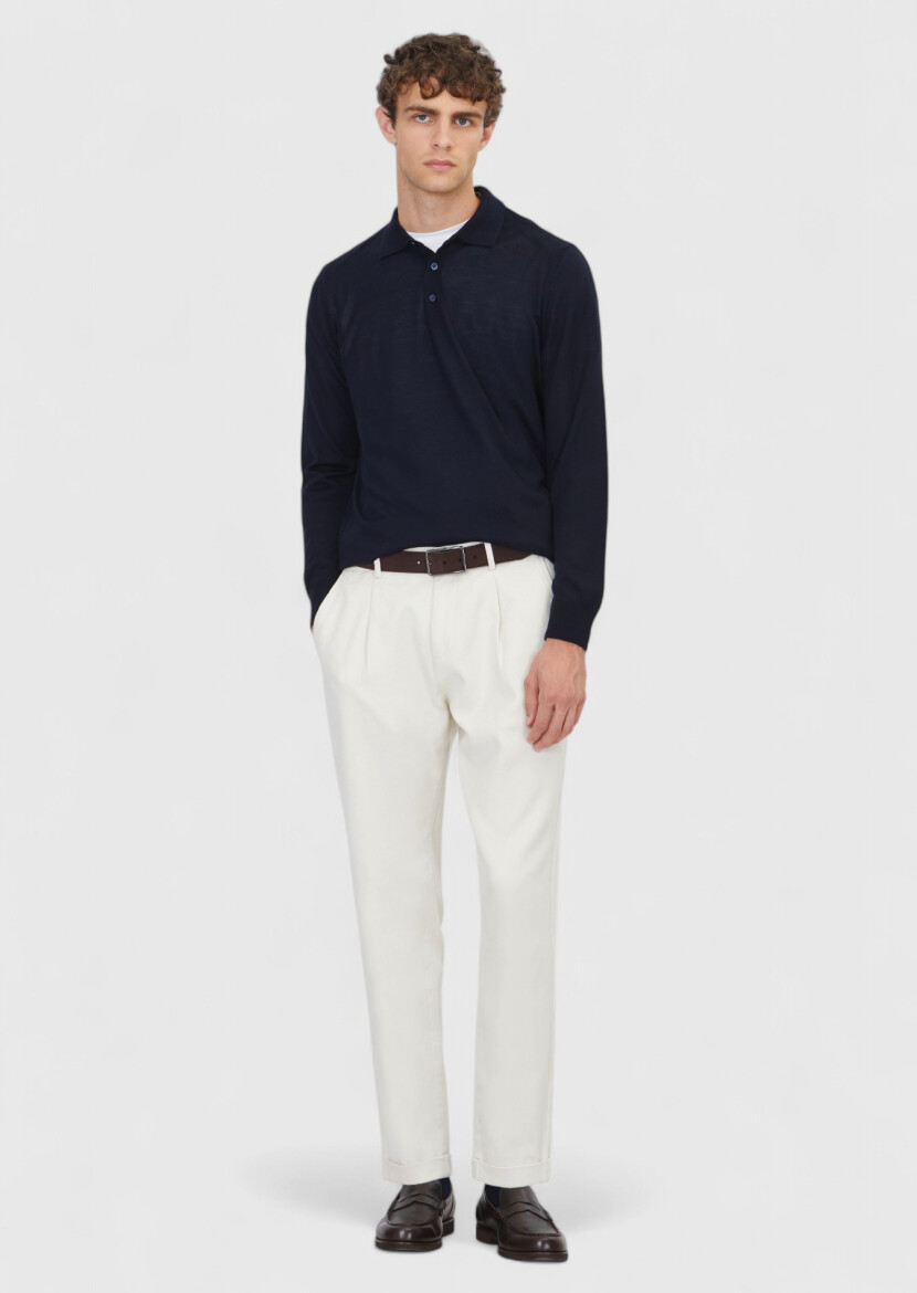 Lacivert Polo Yaka Düz Örgü Yün Karışımlı Triko Kazak 