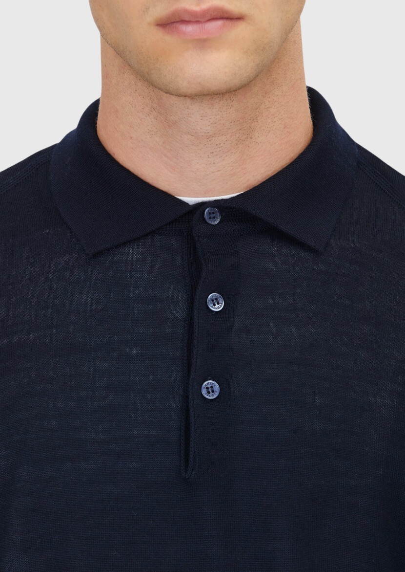 Lacivert Polo Yaka Düz Örgü Yün Karışımlı Triko Kazak - 5