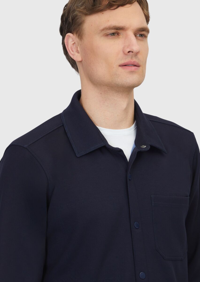 Lacivert Polo Yaka Düz Sweatshırt - 4