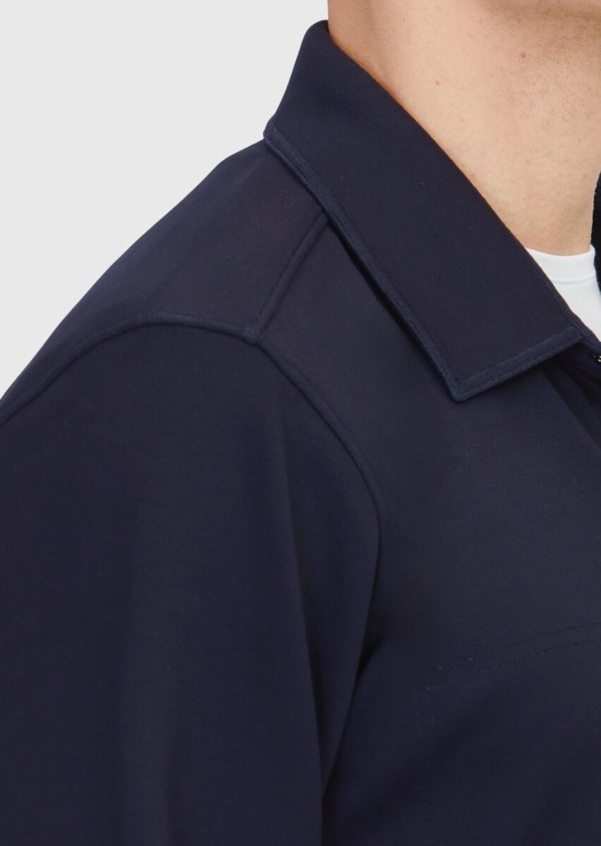 Lacivert Polo Yaka Düz Sweatshırt - 5