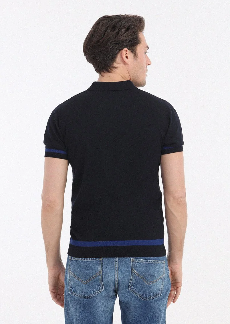 Lacivert Polo Yaka Jakarlı %100 Pamuk Triko - 4