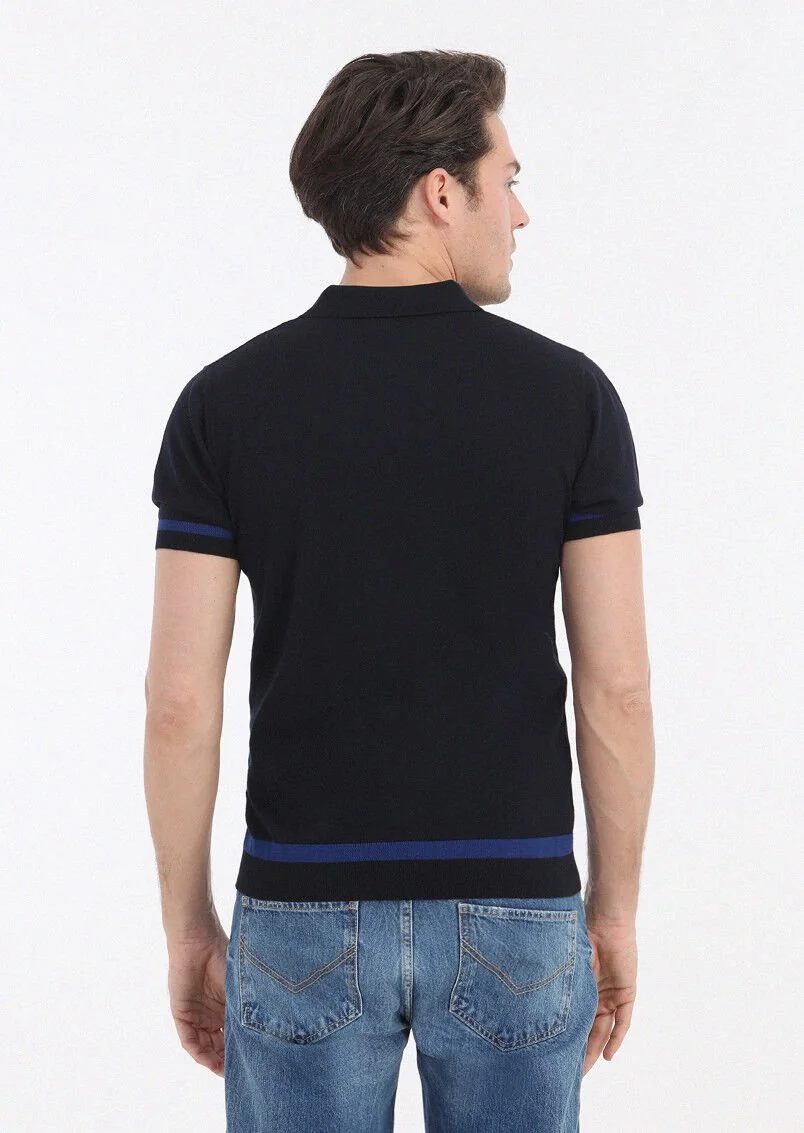 Lacivert Polo Yaka Jakarlı %100 Pamuk Triko - 4