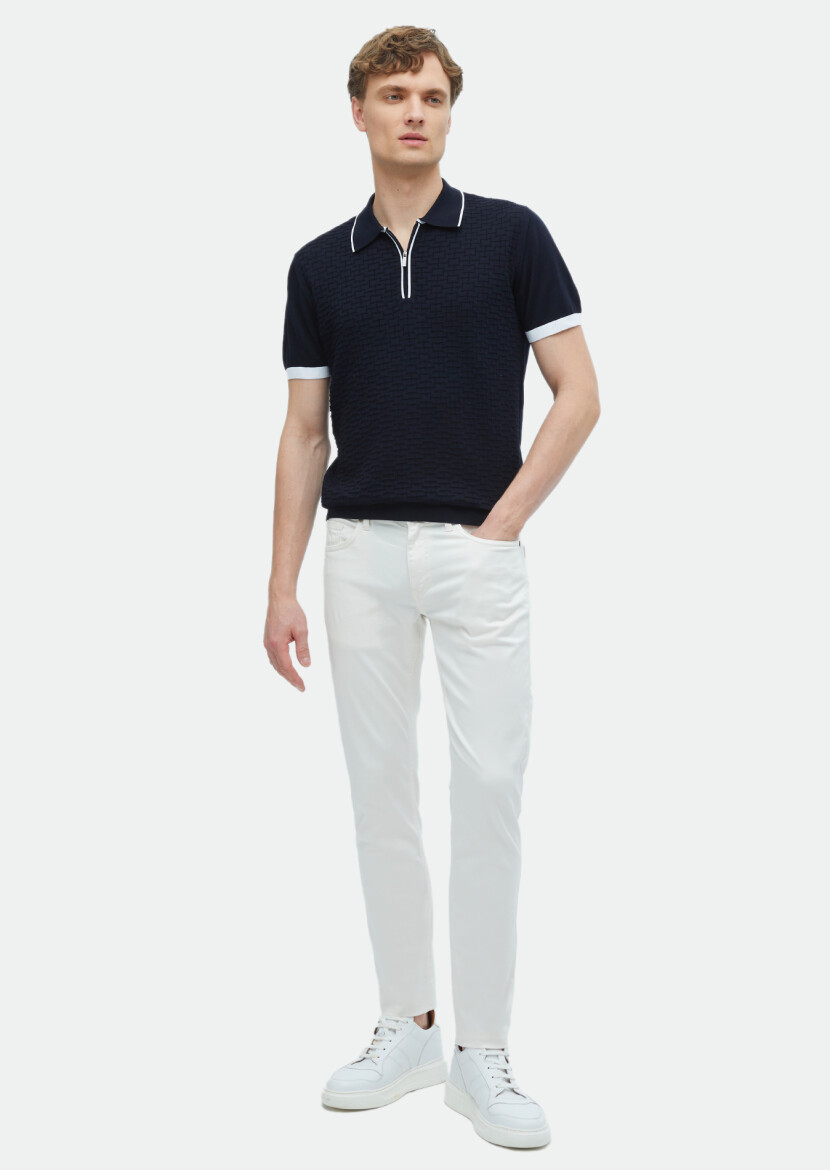 Lacivert Polo Yaka Jakarlı %100 Pamuk Triko 