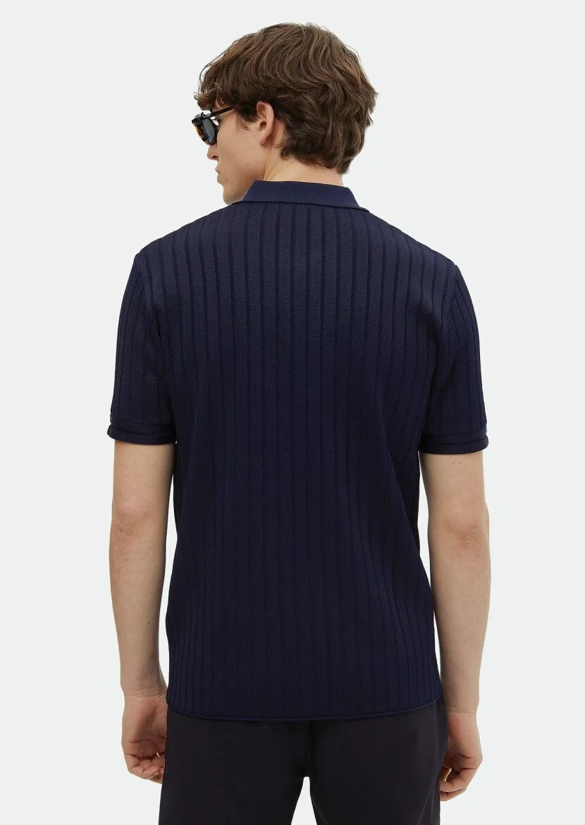 Lacivert Polo Yaka Jakarlı Hırka - 5