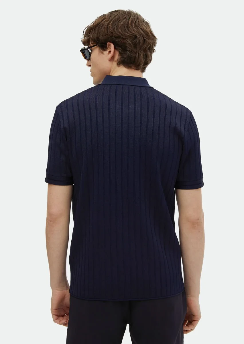 Lacivert Polo Yaka Jakarlı Hırka - 5