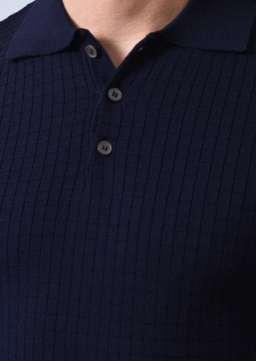 Lacivert Polo Yaka Jakarlı Triko - 2
