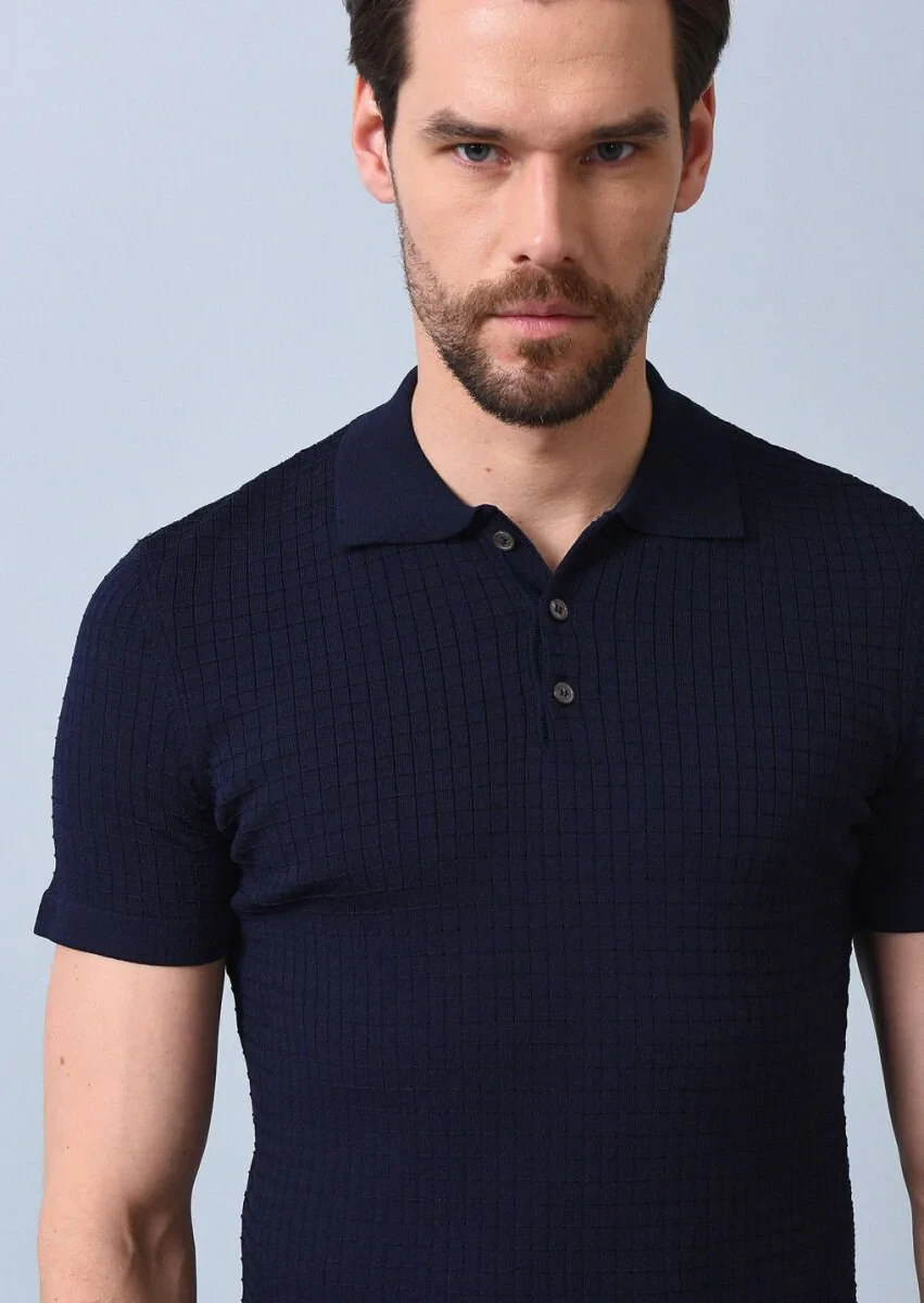 Lacivert Polo Yaka Jakarlı Triko - 3
