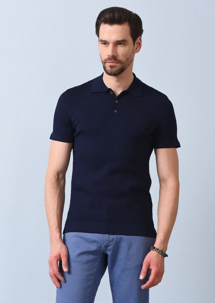 Lacivert Polo Yaka Jakarlı Triko - 4