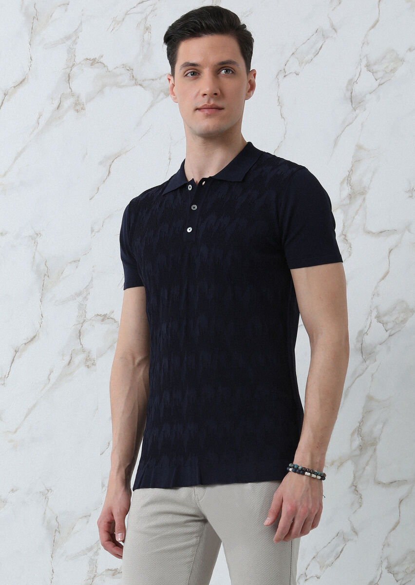Lacivert Polo Yaka Jakarlı Triko - 4