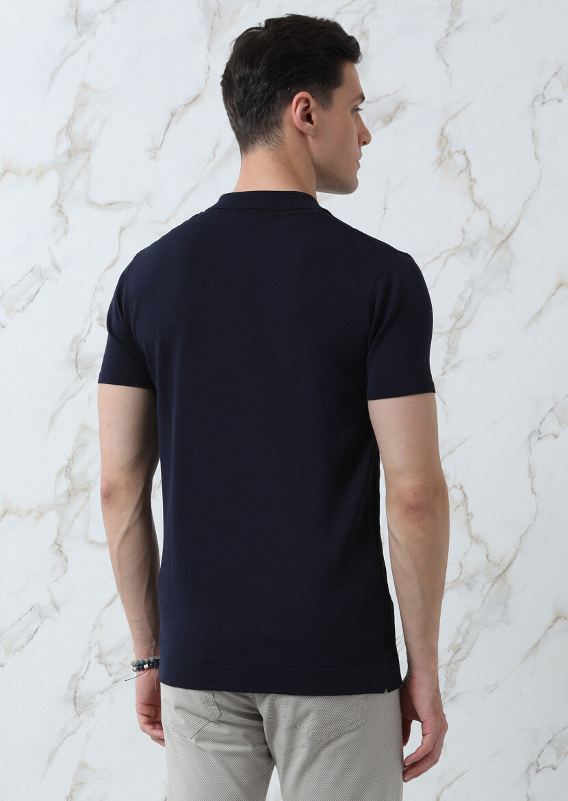 Lacivert Polo Yaka Jakarlı Triko - 5
