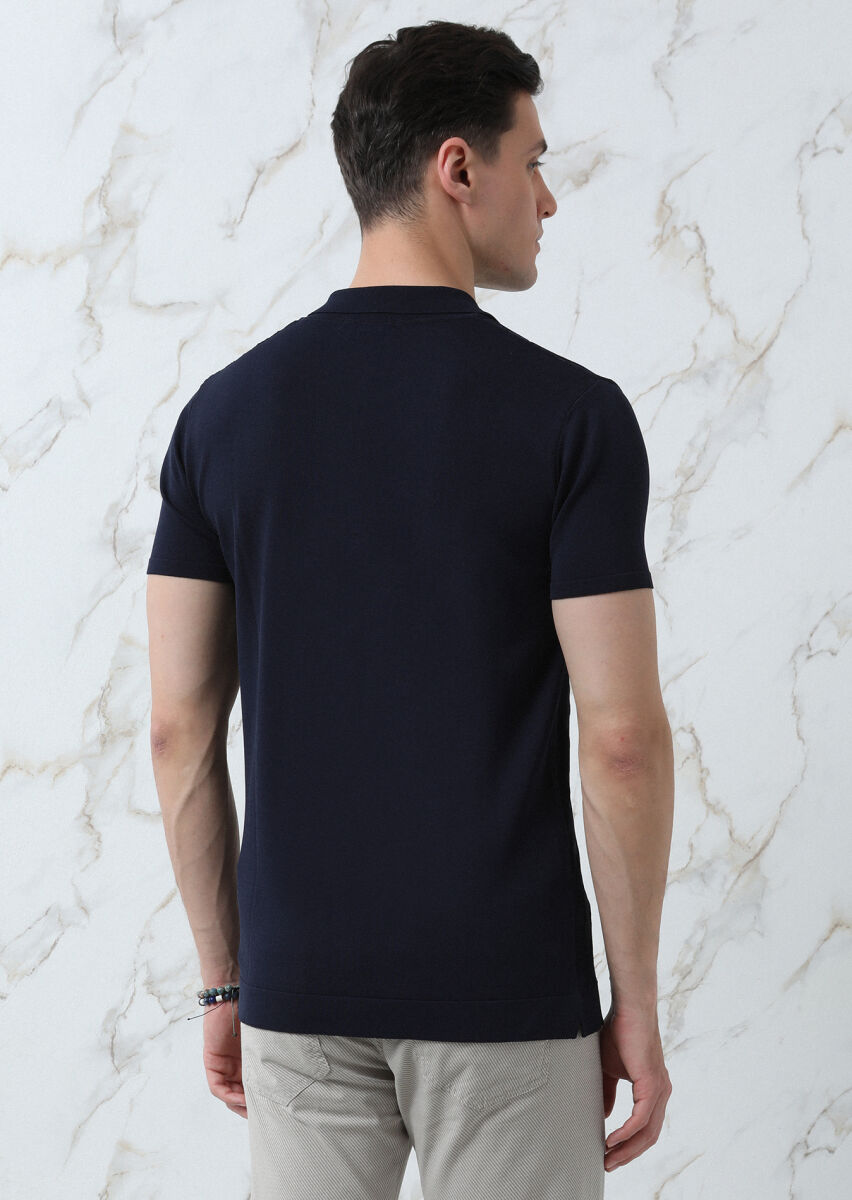Lacivert Polo Yaka Jakarlı Triko - 5