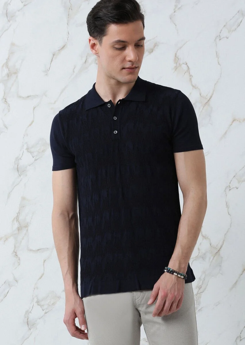Lacivert Polo Yaka Jakarlı Triko - 1