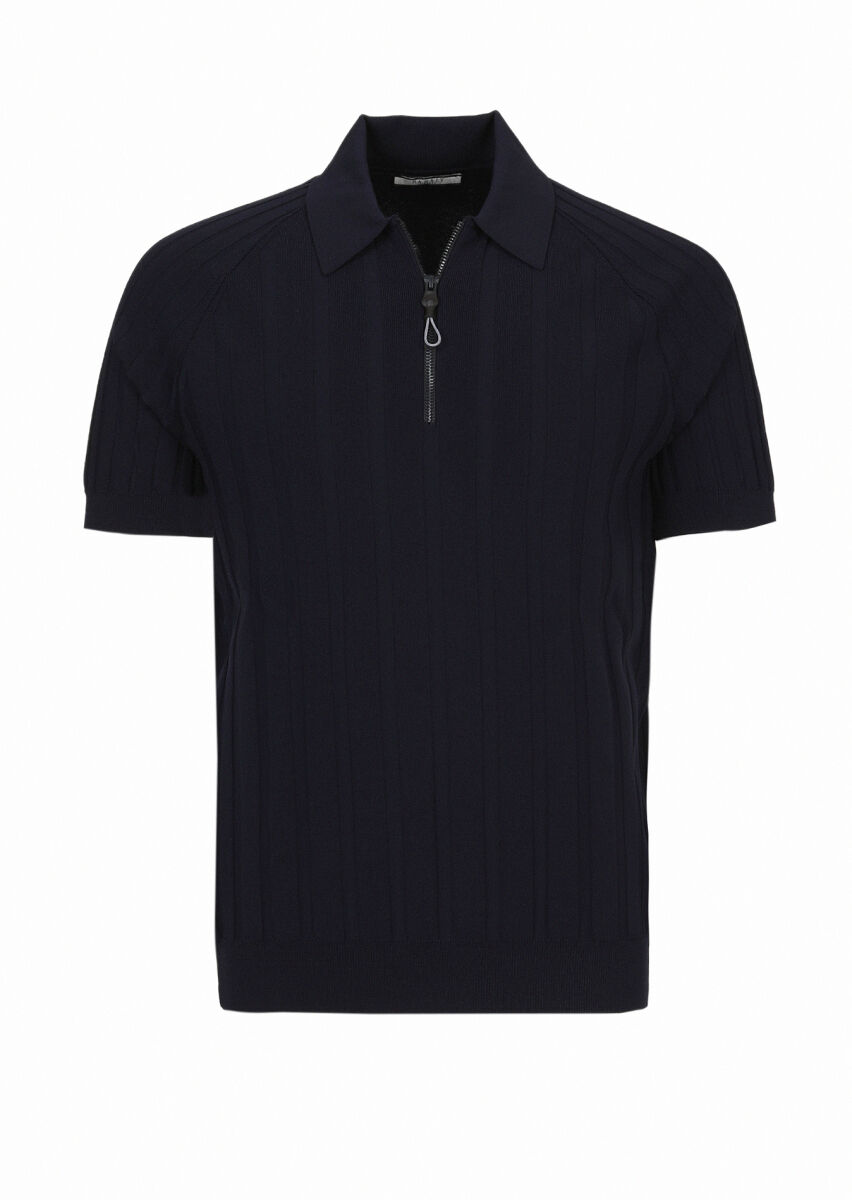 Lacivert Polo Yaka Jakarlı Triko - 1