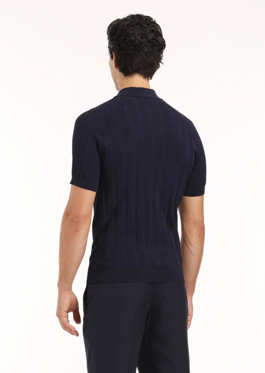 Lacivert Polo Yaka Jakarlı Triko - 4